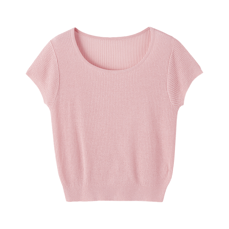 Dme [Containing Natural Linen] Summer Elegant Round Neck Short-Sleeve Sweater, Loose-Fitting Petite Knit Top for Wome