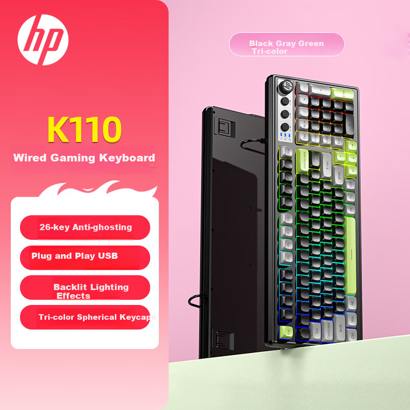HP K110 Mechanical Feel Keyboard, Black-Gray Tri-Color, 98-Key Layout, Wired USB Gaming Laptop, 26 Keys without Backspace