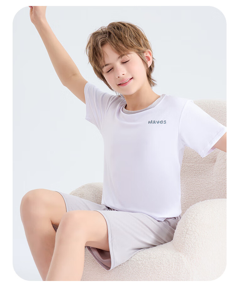 LangSha Children's Pajamas, Boys' New Summer Casual Short-Sleeve Shorts Thin Sleepwear Set, Loose Fit, Gray, Size 150 11