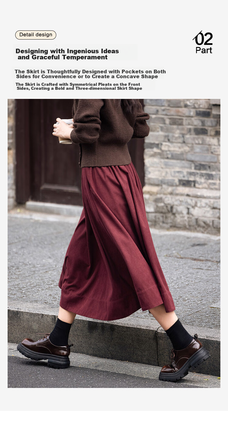 Dme [Crimson French-Style Midi Skirt], Waist-Symmetric Pleated Sharp Long Skirt, Crimson, M 7
