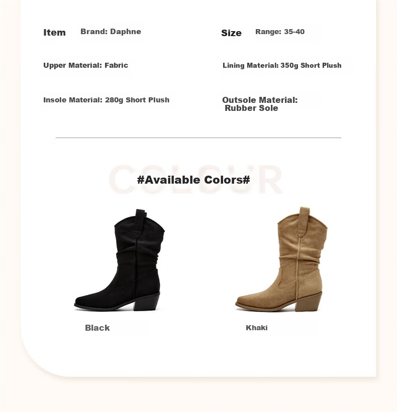 DAPHNE Pointed Toe Western Boots for Women with Fleece Lining, Chunky Heel, Versatile Retro Mid-Calf Boots, Khaki with Fleece Lining, Size 35 3