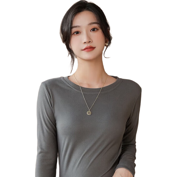 LangSha Women's Round Neck Base Shirt Autumn Winter 2025 Thickened Ribbed Fleece 7A Antibacterial Mite-Resistant Long Sleeve Slim Fit Inner Top