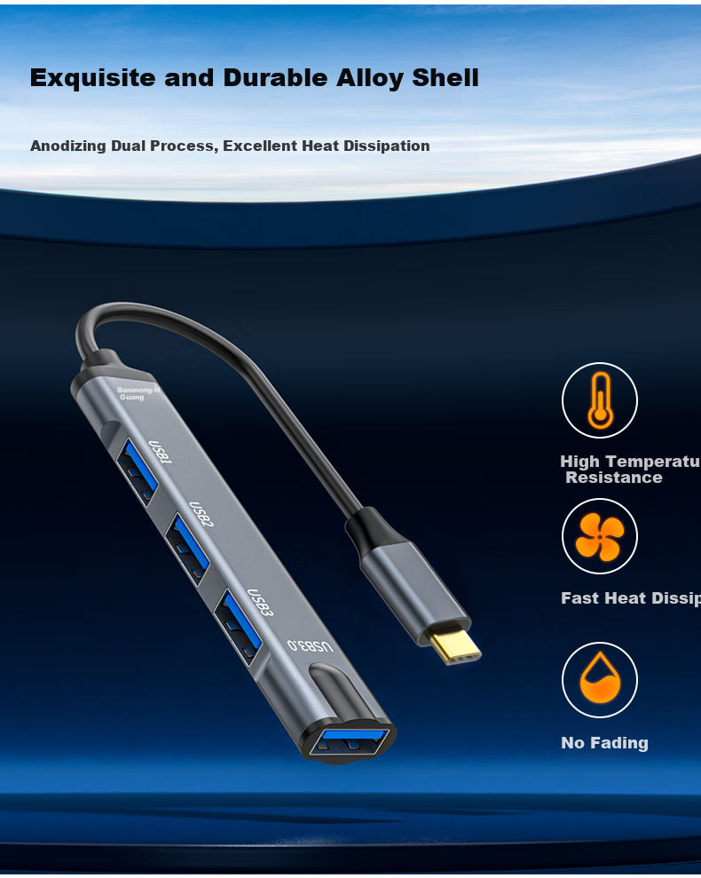 Jinghua Type-C Hub USB3.0 Four-Port Expansion Dock HUB One-To Splitter Computer Laptop Converter IPad Phone Adapter Alloy Black And Gray N803 11