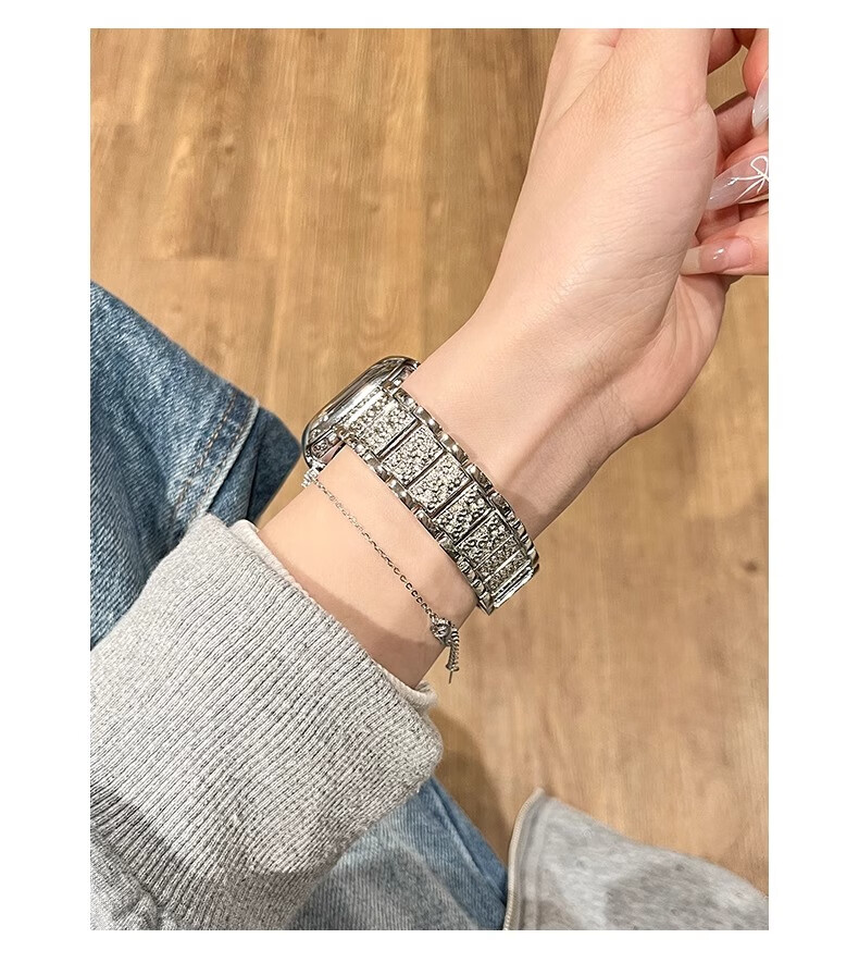 Biaodaige New Starry Sky Compatible with Apple Watch Band for Apple Watch S10/11, Full Diamond IWatch Summer Breathable Metal Women's Style with Silver Protective Case 42MM 4