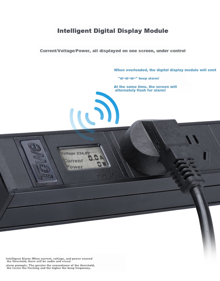 TOWE Intelligent Digital Display PDU Cabinet Socket Power Distribution Unit, Digital Display Alarm Socket, Can Display Current Voltage Power, Plug-In Board Power Strip EN10/G814D 6