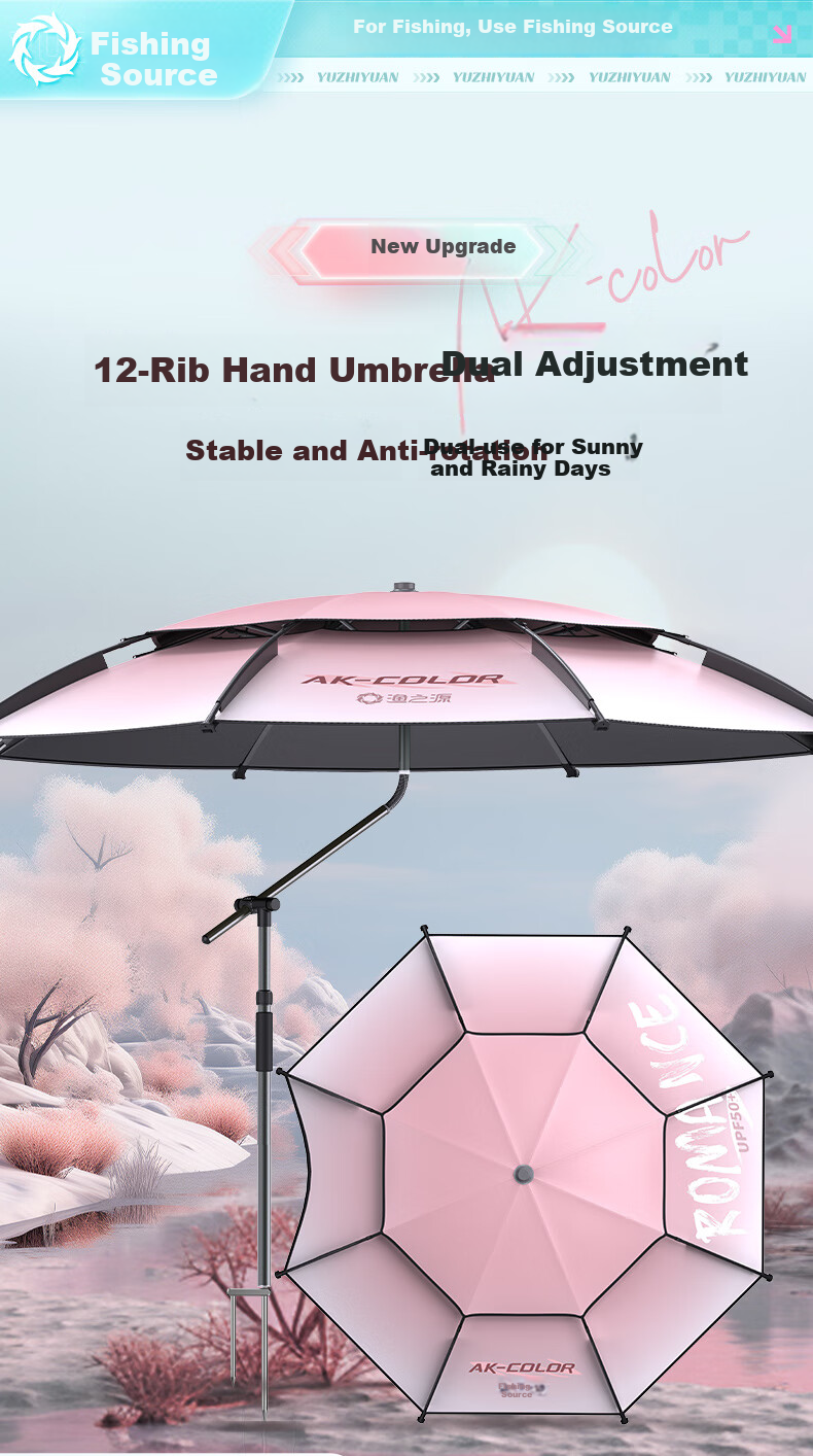 Yuzhiyuan AK-COLOR Umbrella Frame, Pink 12-Sided, 2.4 Meters Long, Pink 12-Sided Anti-Spin Fishing Umbrella 1