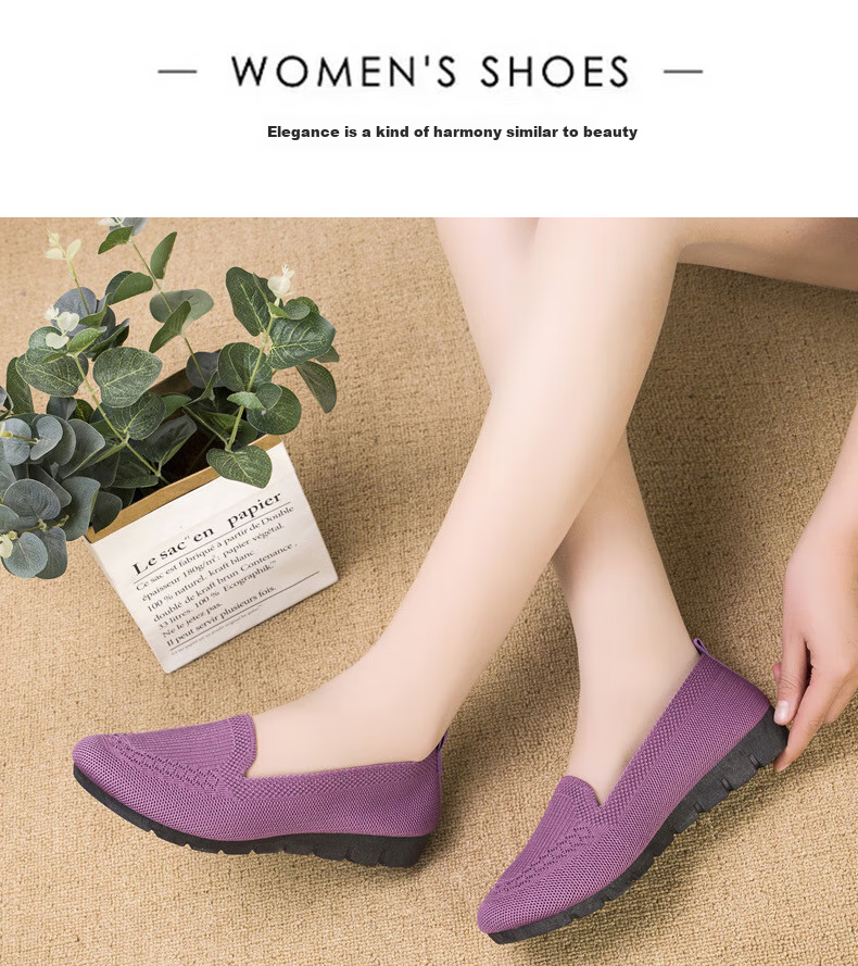 Weizhi Old Beijing Cloth Shoes for Women, Fly-Knit Loafers, Polyurethane Sole Flats, Mom Shoes WZ1029 Purple Size 40 6