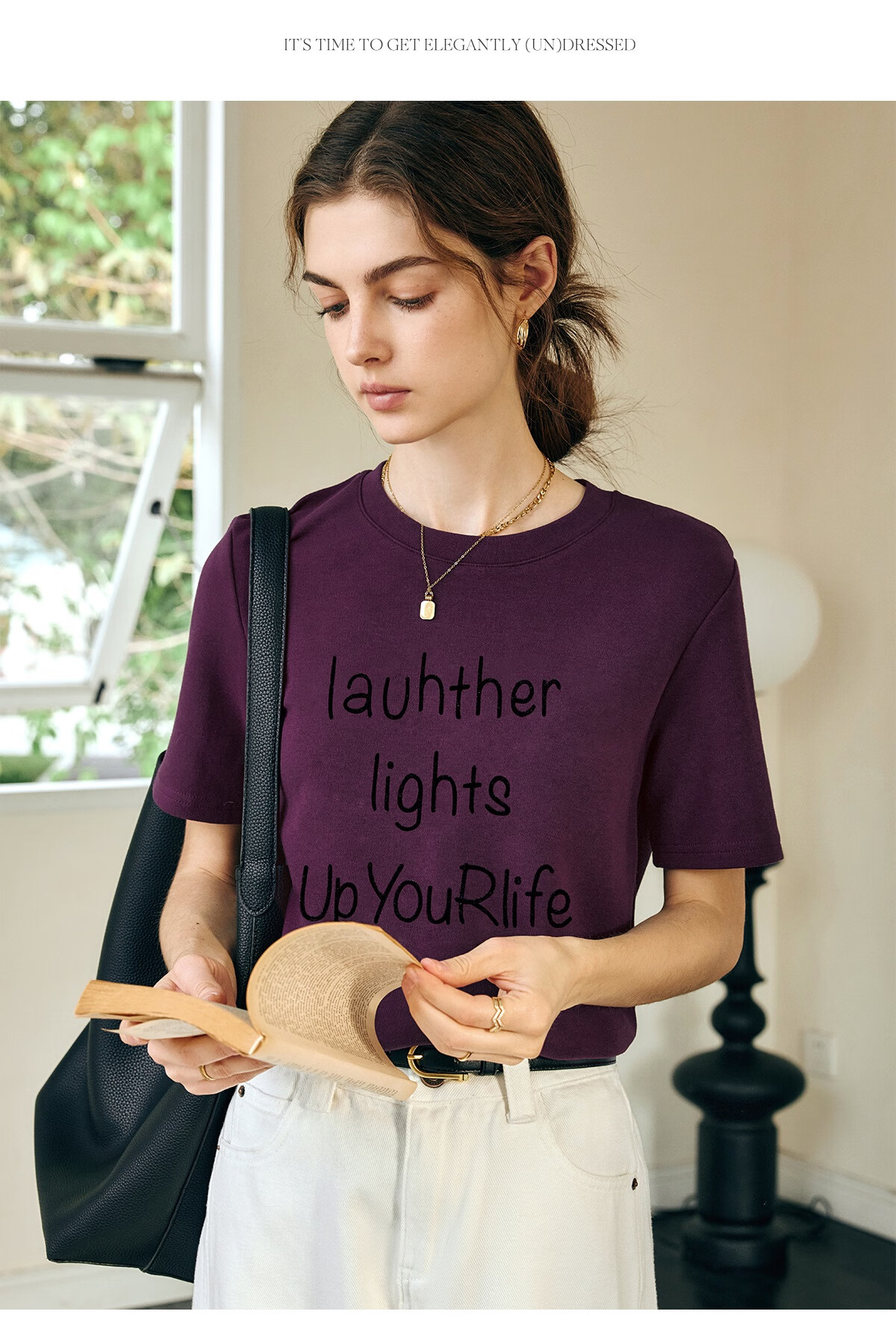 Oulain Letter Print Short-Sleeve T-Shirt, Women's Versatile Loose Casual Round Neck Top, Purple, S 8