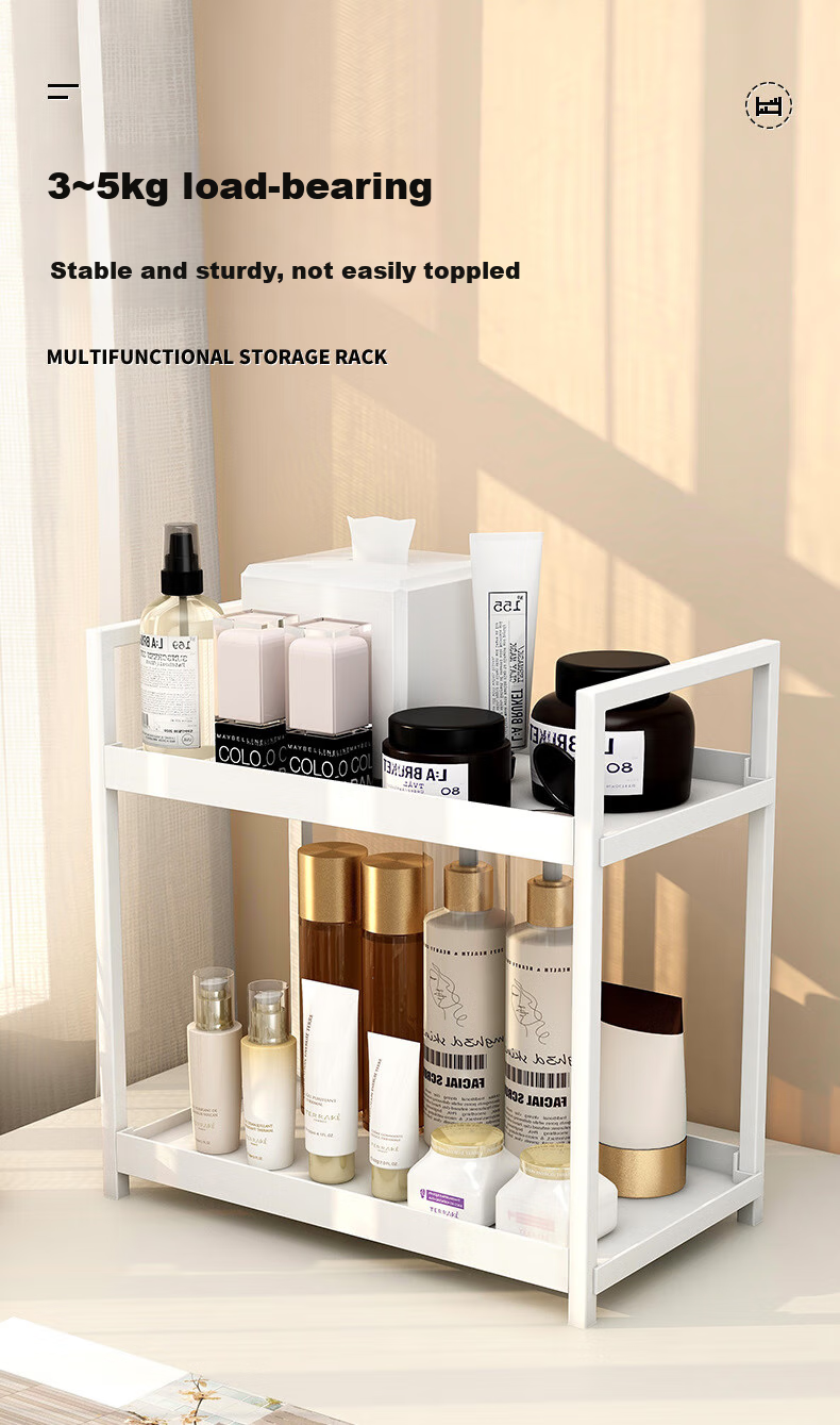 Ourunzhe Desktop Storage Rack, Skincare And Cosmetics Organizer, Dormitory Bedroom Dressing Table Small Shelf, White Double-Layer 2