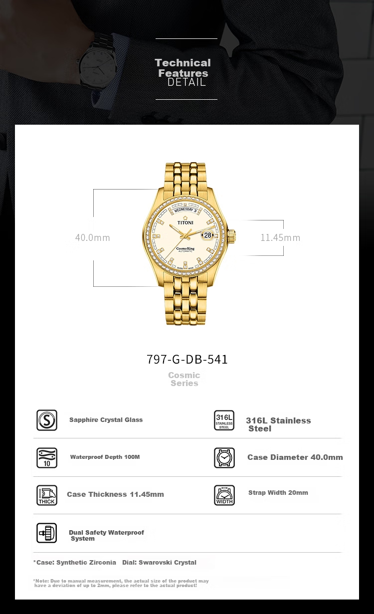 Titoni Swiss Watch, Men's Mechanical Wristwatch, Universe Series, Imported Original Gold Steel Strap Gift 1