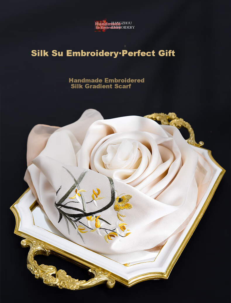 Hangsifu Handmade Suzhou Embroidery Silk Scarf Shawl Wrap, Autumn And Winter Neck Protection Warm Scarf, Birthday Gift for Mom, Gift Box 1