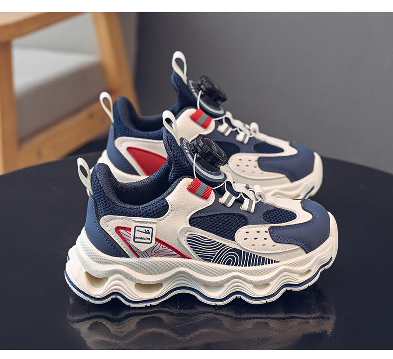 Warrior Children's Shoes, Boys' Sports Shoes, Spring And Autumn Style, Mesh Breathable Running Shoes WZ(CL)-1221, Navy Blue/beige, Size 33 4