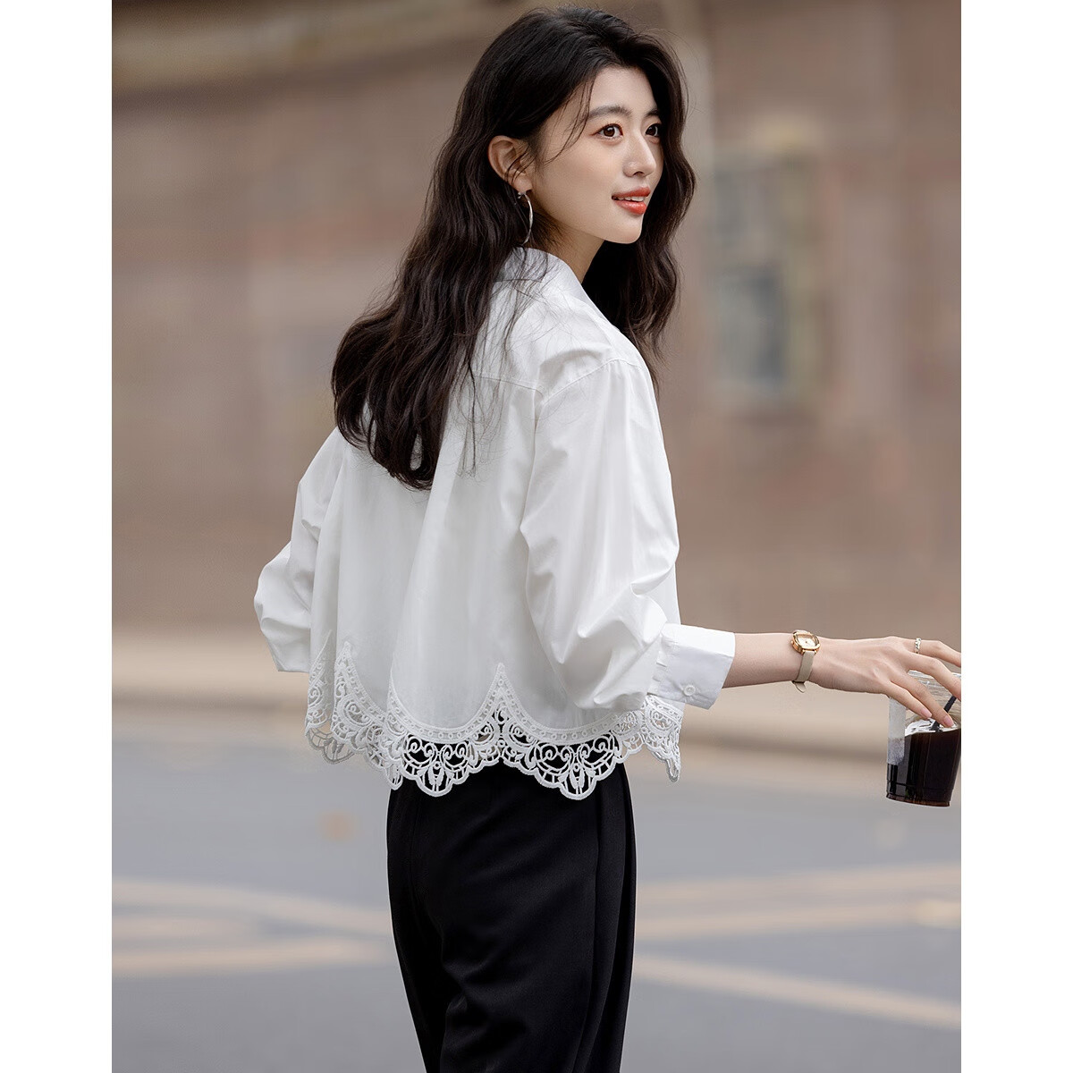 Dme [Moonlight Night Song] Spring And Autumn Gentle Pure Cotton Shirt with Lapel, Lace Trim, Patchwork Short Blouse Women's Top