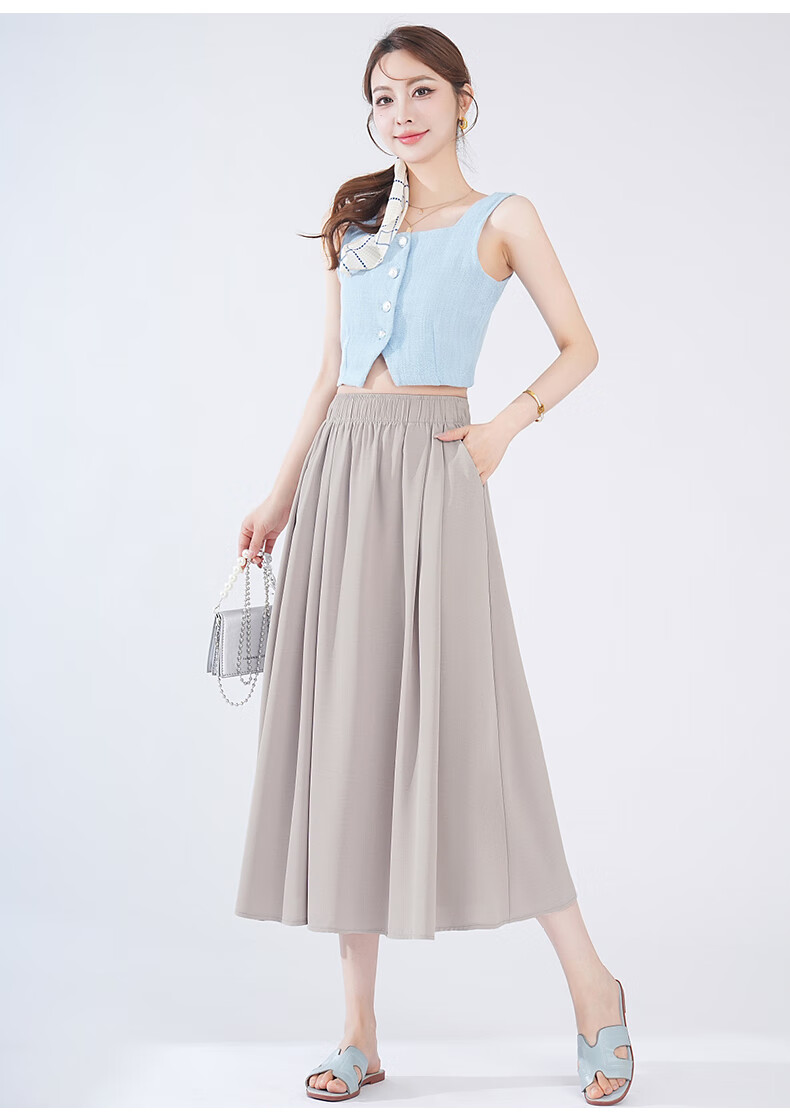 BOPRUIEY Ice Silk Midi Skirt for Women, Summer 2026 Latest Thin Elastic A-Line Draping Wide Hem Umbrella Skirt 18
