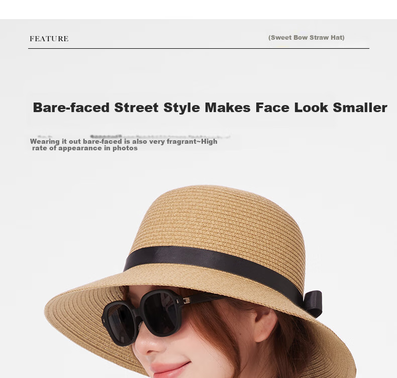 CACUSS Women's Sun Protection Hat, Spring And Summer Straw Hat, Sun Visor, Fisherman Hat, Beach Outdoor Sweet Bow Tie Khaki 10