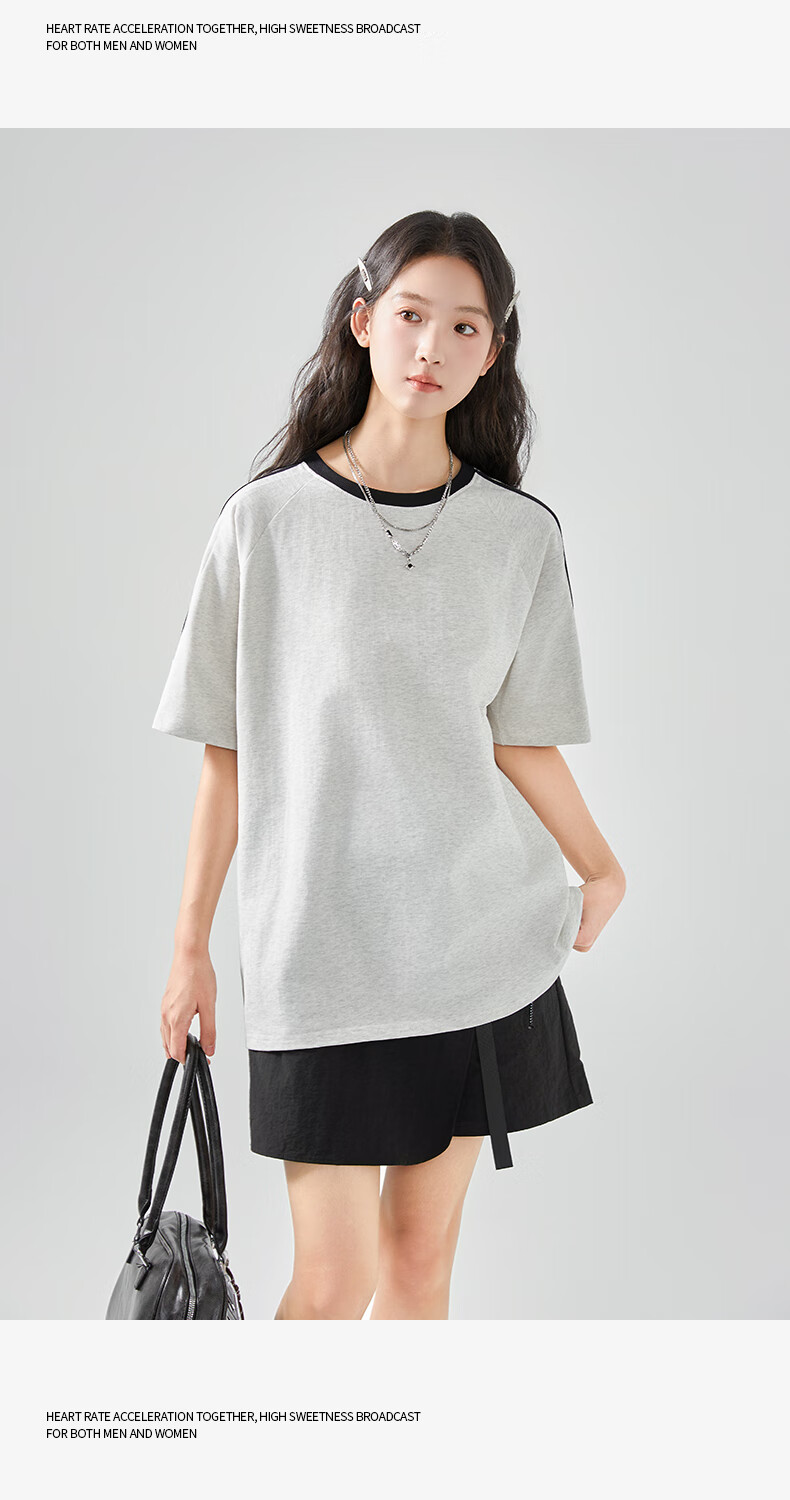 Jeanswest Women's Striped Short Sleeve T-Shirt Spring Summer New Two-Stripe Raglan American Style Cotton Loose Colorblock T-Shirt 13
