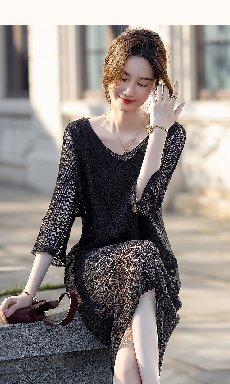 Dme [Black Spade Contract] Spring Elegant V-Neck Hollow-Out Mid-Sleeve Loose-Fitting Concealing Versatile Low-Key Women's Dress 8