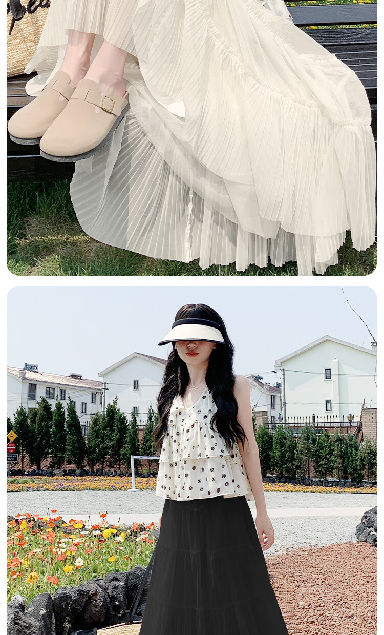 BOPRUIEY Ruffled Mesh Pleated Three-Layer Skirt Spring Summer High Waist Draped Flowy Fairy Long Dress Slimming Cake Skirt for Women 12