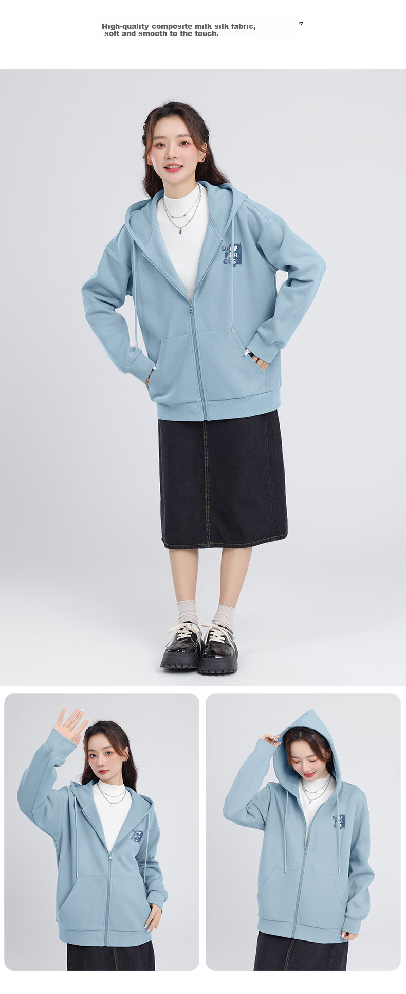 MJ STYLE Hooded Sweatshirt Jacket for Women, New Autumn 2026 Style, Solid Color Simple Casual Loose Versatile Cardigan Top 8