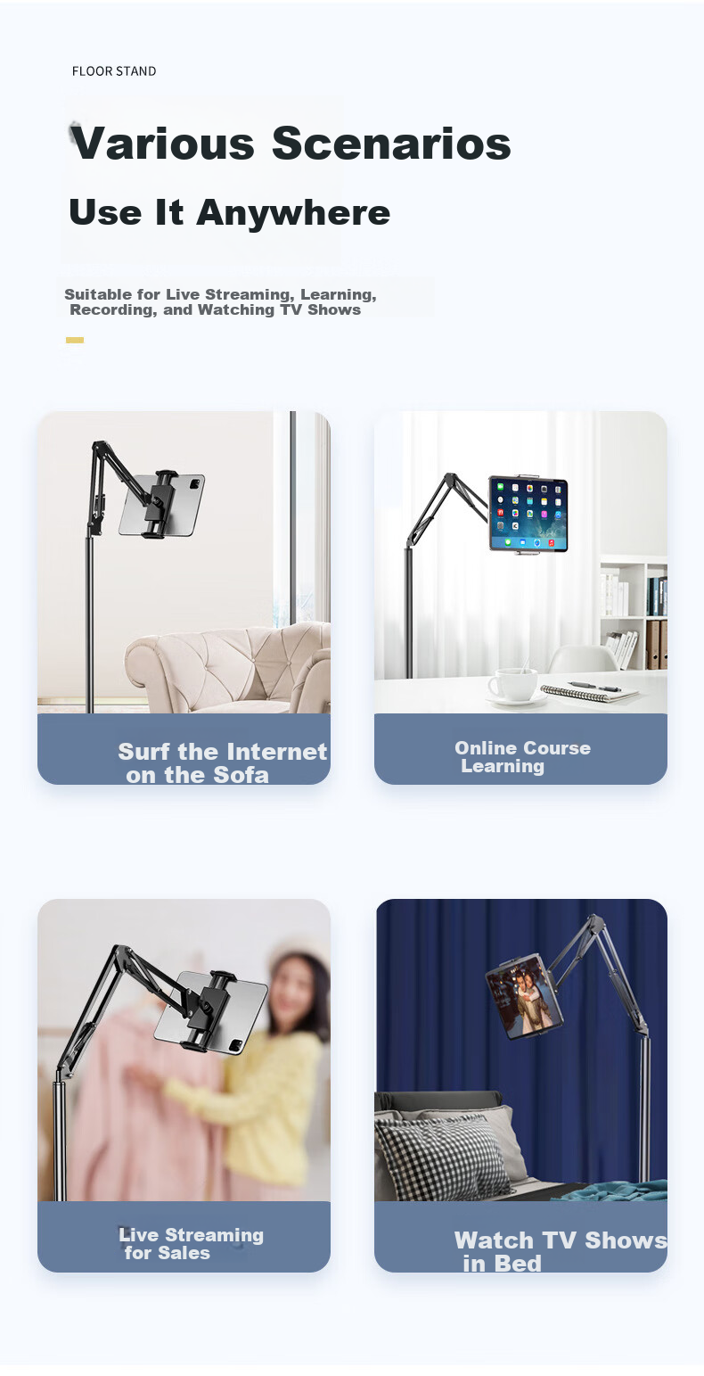 Zitai Phone And Tablet Stand, Floor-Standing IPad Live Streaming Stand, Lazy Bedside Stand for Overhead Shooting, Adjustable Telescopic Video Recording Stand for Watching Shows And Online Classes, Arm-Supporting Bracket, 135CM 6