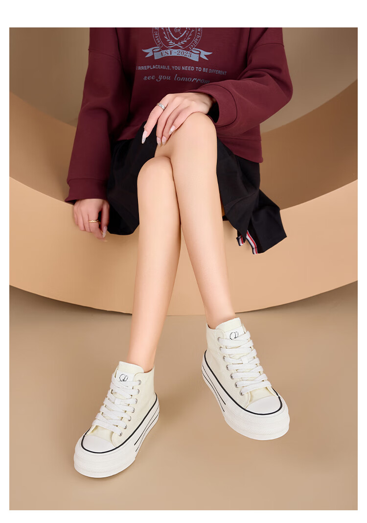La Chapelle Women's Canvas Shoes High-Top Thick-Soled White Sneakers Casual Height-Increasing Shoes Beige Low-Top Size 40 3