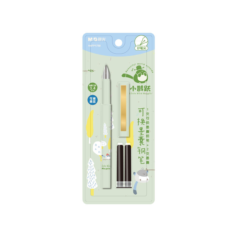 M&G Stationery Little Magpie EF Nib Fountain Pen Set (1 Fountain Pen + 2 Erasable Crystal Blue Ink Cartridges, 3.4mm) Student School Writing Pen HAFP1759 Light Green