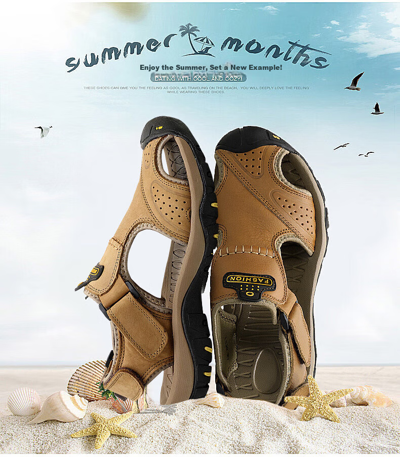 CARTELO Men's Sandals, Summer Roman-Style Closed-Toe Beach Shoes, Top-Grain Leather Perforated Shoes for Men, CS01, Khaki, Size 41 3