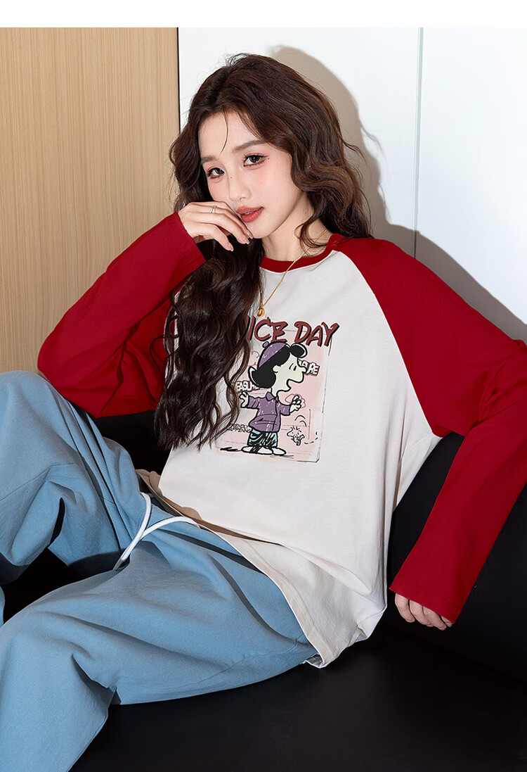 TonLion Autumn And Winter Long-Sleeve T-Shirt for Women, Wearable As Outerwear, Knitted Front Chest Cartoon Photo Raglan Long-Sleeve T-Shirt, Women's Clothing with A High-End Feel 3