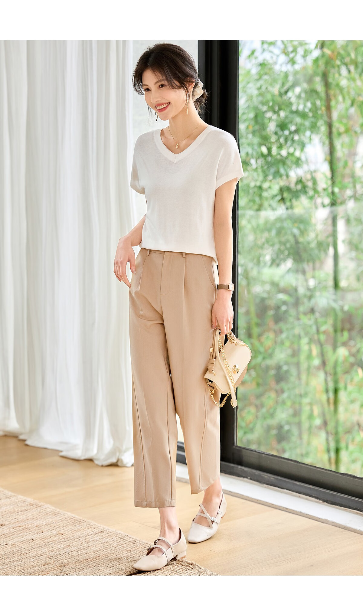 Taxiang Women's Short-Sleeve V-Neck Thin Summer Knit T-Shirt with Hollow Design at Back, Distinctive Top Blouse T52T078 18