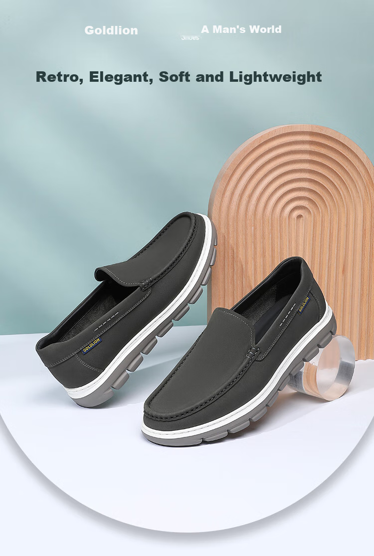 Goldlion Men's Shoes, Classic Fashion Casual Shoes, Comfortable Breathable Slip-On Loafers, G527510029RRB, Gray, Size 38 1