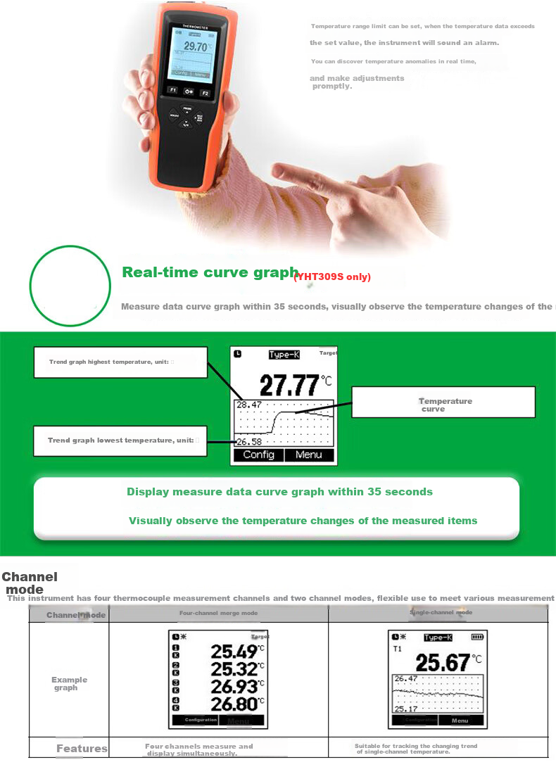 YHT Four-Channel Electronic K-Type Thermocouple Probe, Temperature Meter YHT309, Water Temperature Mold Thermometer Gauge 17