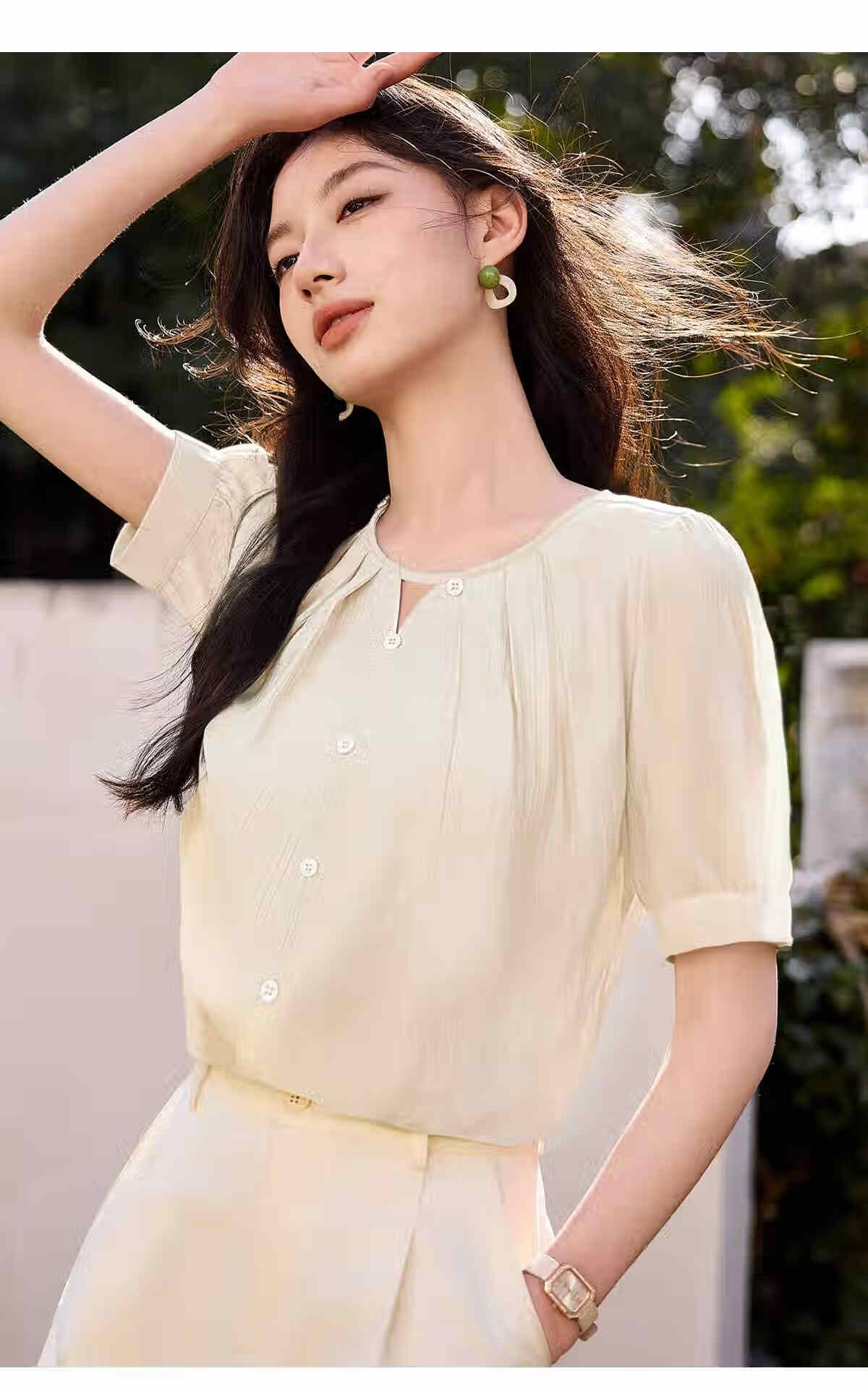 Chushen Summer Women's Short Sleeve Shirt V-Neck Hollow Out Elegant Vacation Style Chiffon Blouse S52X016 22
