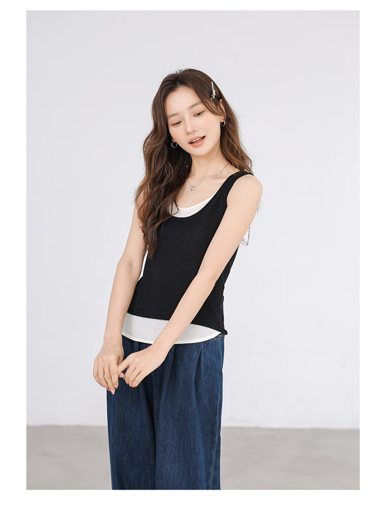 NOMe Snowflake Cotton Faux Two-Piece Loose Vest for Women, Outer Wear, 2026 Summer Stylish Simple Sleeveless Top, Black, M 6