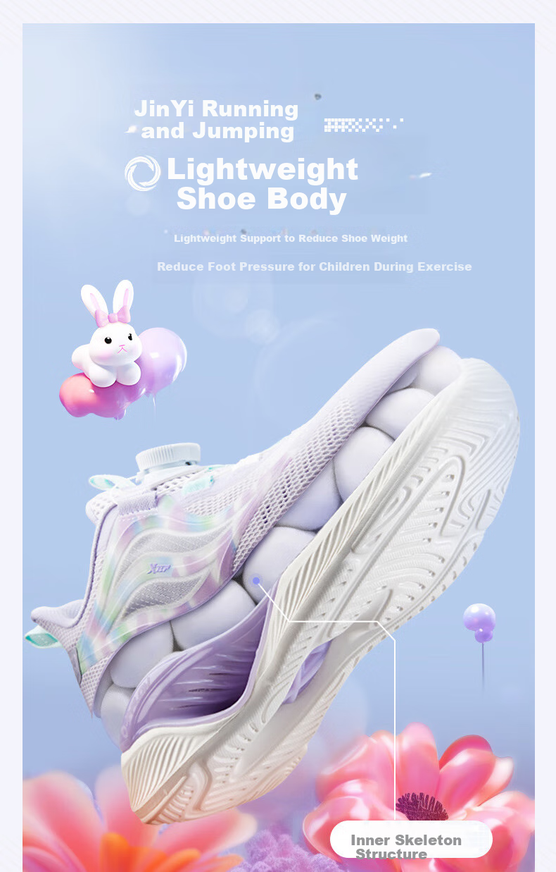 XTEP Children's Hydrogen Wind 5.0 Kids' Multi-Color Breathable Knob Running Shoes, Light Purple/snow Purple, Size 37 3