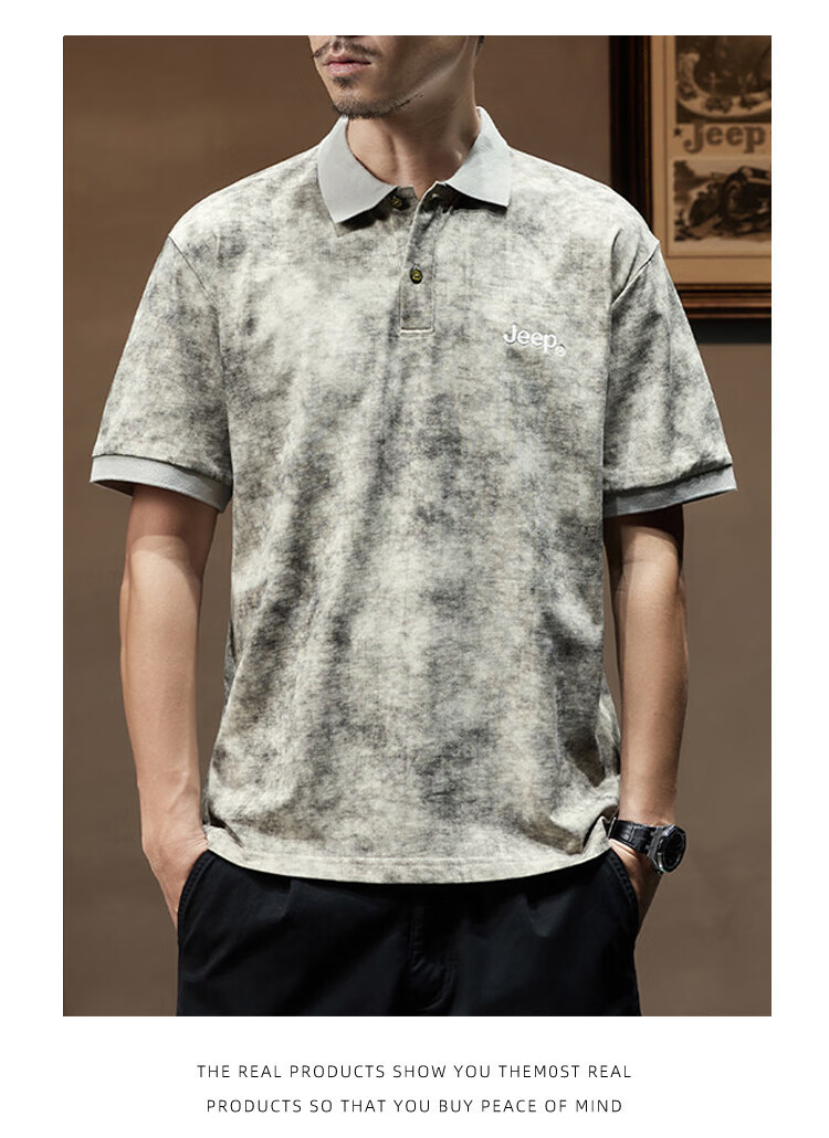 JEEP 100% Pure Cotton Short-Sleeve Men's T-Shirt, Summer 2026, Turn-Down Collar Pullover, Youth Tie-Dye Short-Sleeve T-Shirt for Me 14