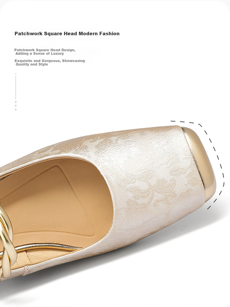 Goldlion Women's Shoes, New Chinese-Style National Fashion Flats, Chunky Heel, Color-Block Mary Jane Shoes, G686430283, Champagne Color, Size 37 4