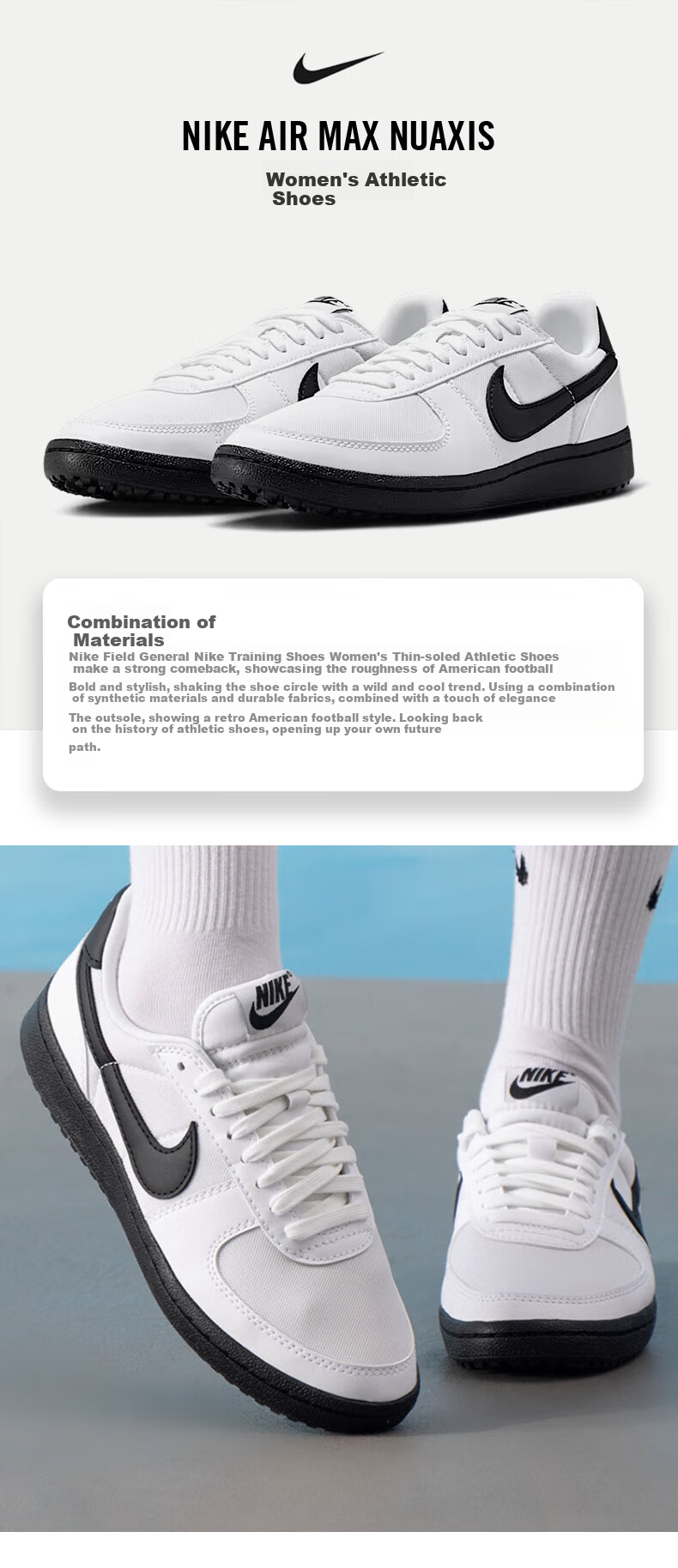 NIKE Women's Casual Shoes, Thin-Soled Shoes, FIELD GENERAL Sneakers FZ5593-105 White And Black, Size 35.5 1