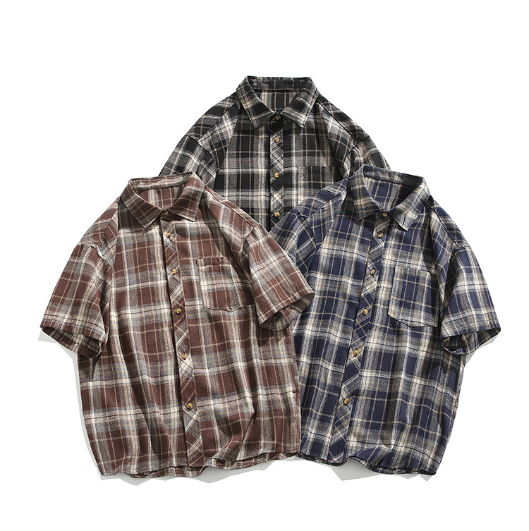 CLOR American-Style Casual Retro Loose Shirt, Spring And Summer Plaid Trendy Short-Sleeve Jacket, CLCX06 Black XL 1