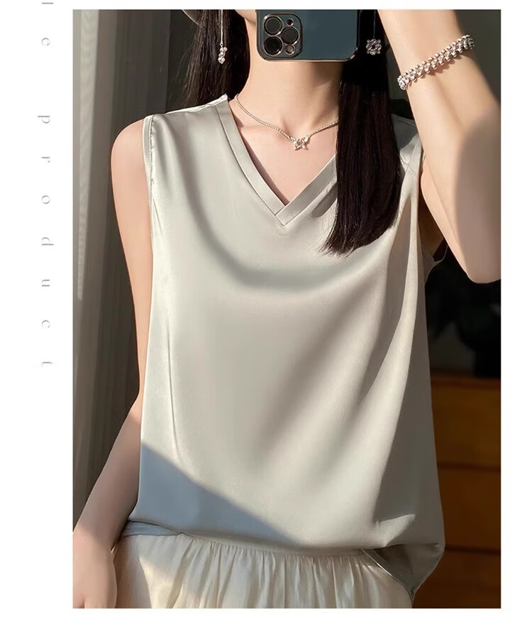 GUJIN Double V-Neck Premium Ice Silk Camisole Women's Innerwear Suit Base Layer Faux Silk Satin Tank Top Spring 13