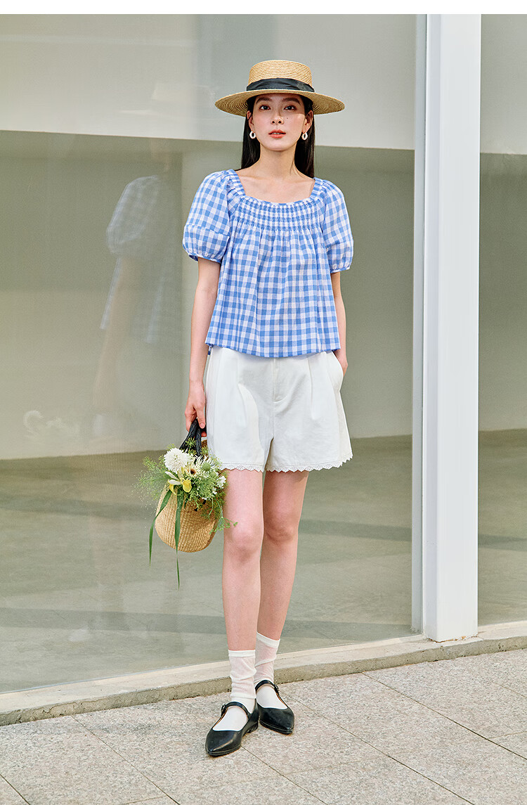 Inman 100% Cotton Sweet Plaid Shirt 2026 Summer New Women's Slim Waist Pleated Blouse Light Blue Plaid L 15