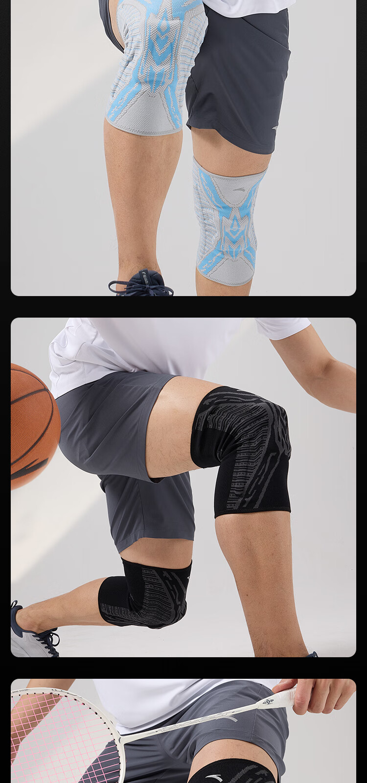 ANTA Sports Knee Brace for Basketball, Running, Badminton, Lightweight Breathable Meniscus Ligament Protective Gear, Black, Size M, Single Pack 3