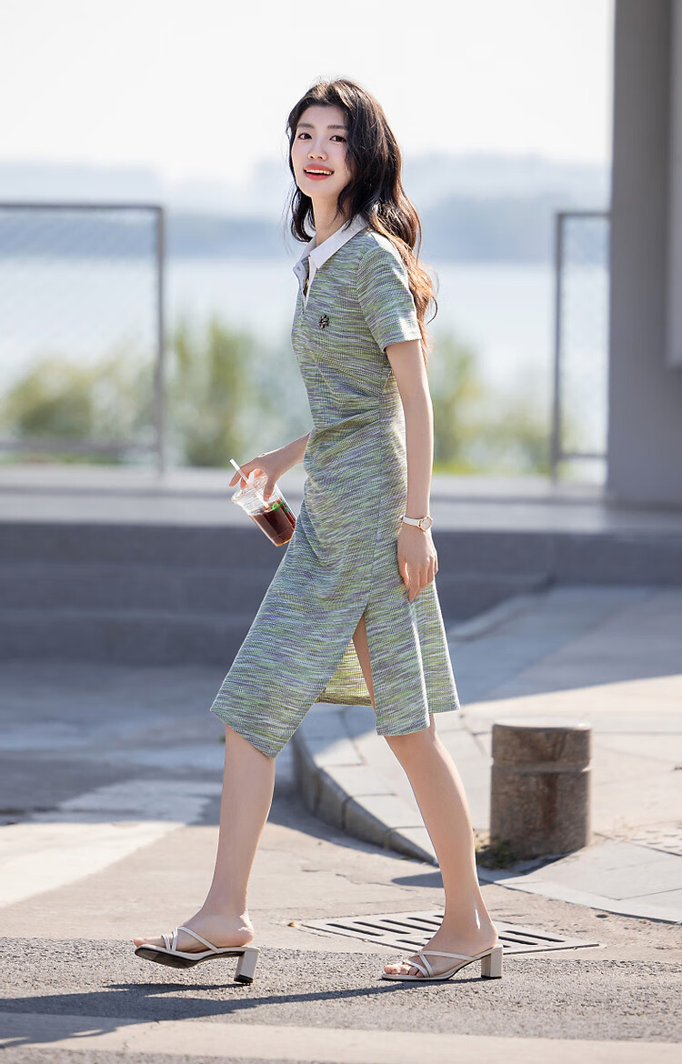 Demana [With Cloud Cotton] Summer Smart Color-Block Polo Collar Pleated Waist Color Yarn Knit Women's Dress 8