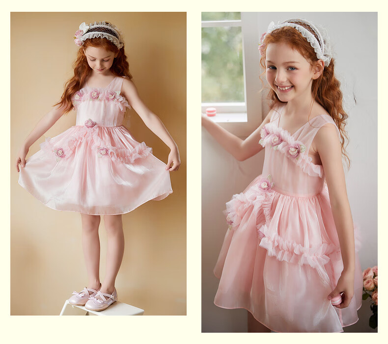 Follow Me Girls' Sleeveless Dress, Summer New Style Sweet Floral Princess Dress, Children's Formal Dress Tulle Skirt, Green, Size 160 9