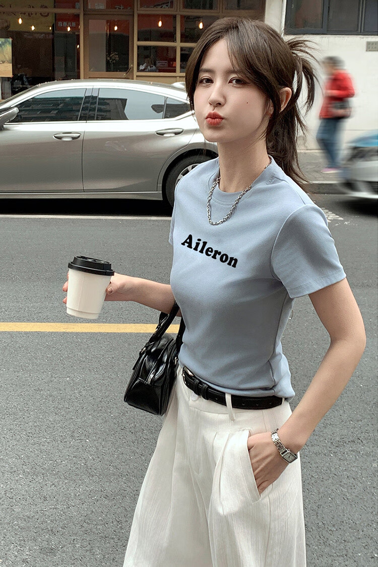 TonLion 2025 Summer Women's Round Neck Short Sleeve T-Shirt with Front Chest Lettering, Casual And Versatile 5