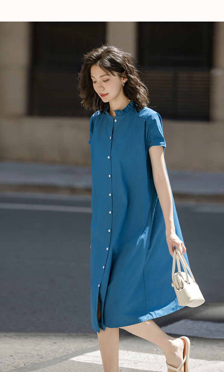 Dme [Klein Blue] Summer Oxygen Pure Cotton Lace Collar Short-Sleeve Loose Waist Long Elegant Single-Breasted Dress 9
