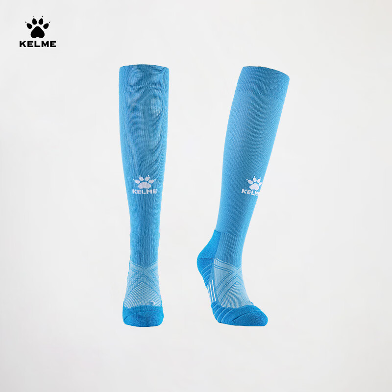 KELME Over-the-Knee Long Football Socks Lycra Antibacterial Odor-Resistant Professional Match Elite Non-Slip Terry Bottom Socks Sky Blue L
