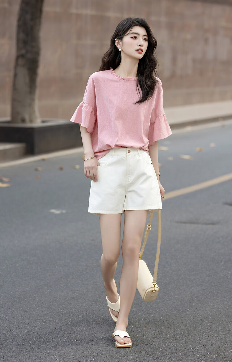 Demana [Skin-friendly Pure Cotton] Summer French Lace Round Neck Ruffle Sleeve Loose Fit Petite Shirt Women's Top 14