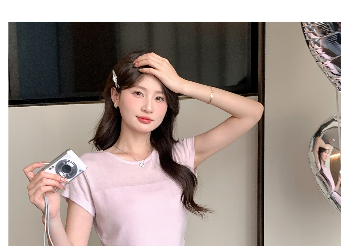 Halo Queen Women's Short Sleeve Knit T-Shirt Slim Fit Cherry Blossom Pink Fitted Waist Crop Top H52T033 20
