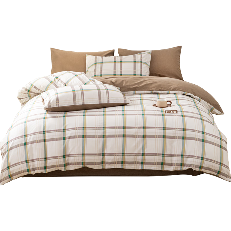 Hengyuanxiang Pure Cotton Four-Piece Set, Class A Antibacterial, 100% Pure Cotton Bed Sheet, Duvet Cover, Pillowcases, Bedding Set, Green Plaid (Duvet Cover 200*230cm)