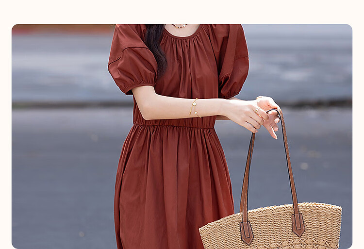 Demana [Klein Blue] Summer French Style Pure Cotton Gathered Loose Waist Puff Sleeve A-line Mid-length Women's Dress 5